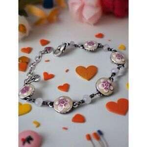 Brighton Spring Fever Rose Quartz Pink Flower Yellow Silver Plate Bracelet